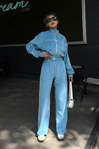 Athletic Velvet Collar Zipper Long Sleeve Two Piece Set