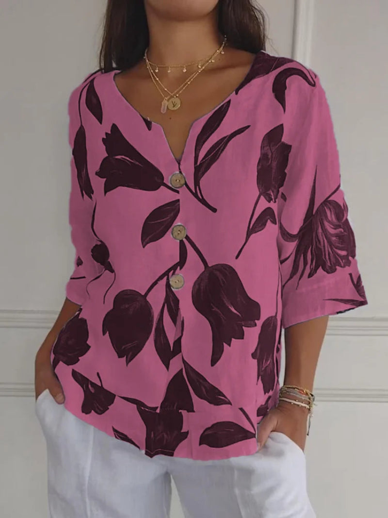 Camisa elegante con cuello en V y estampado floral | Ideal para el verano