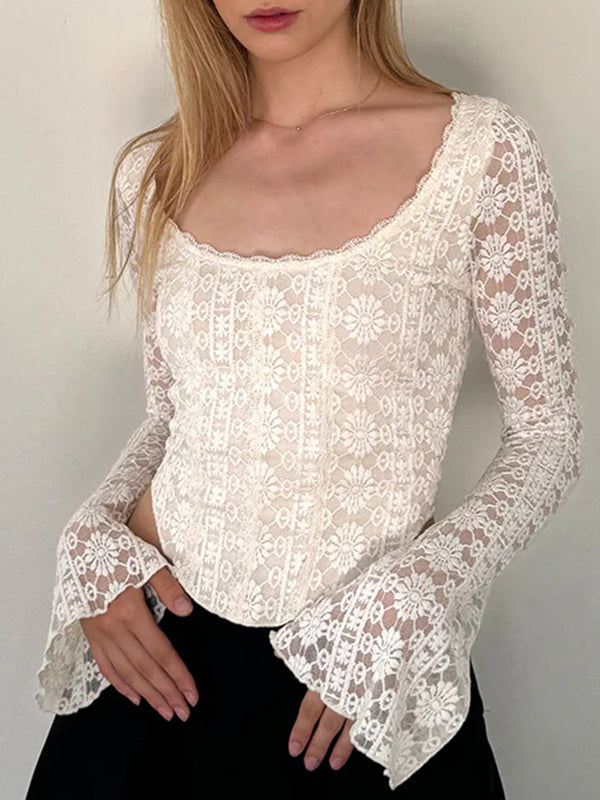Solid Color Lace Long Sleeve Tee