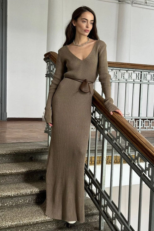 Knit Bodycon V Neck Maxi Dress