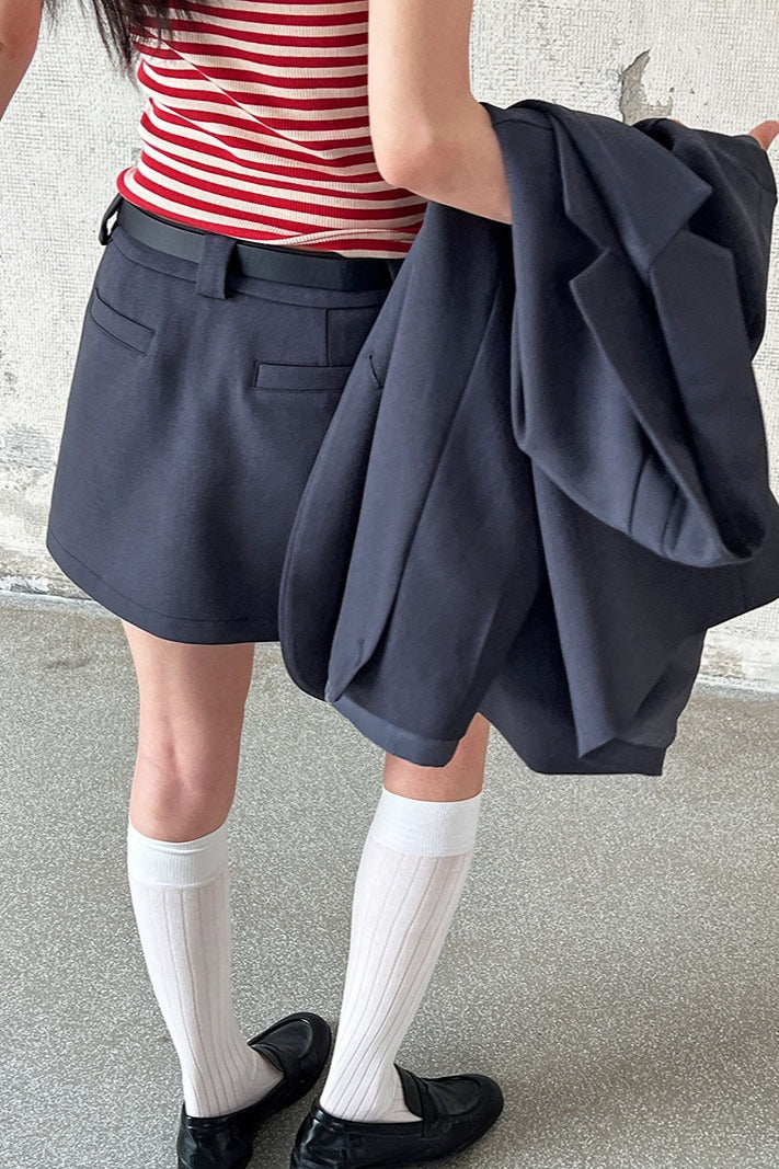 Contrast Sleeve Blazer Pleated Midi Skirt Set