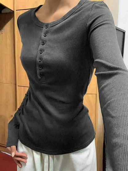 Solid Color Ribbed Button Slim Long Sleeve Knit
