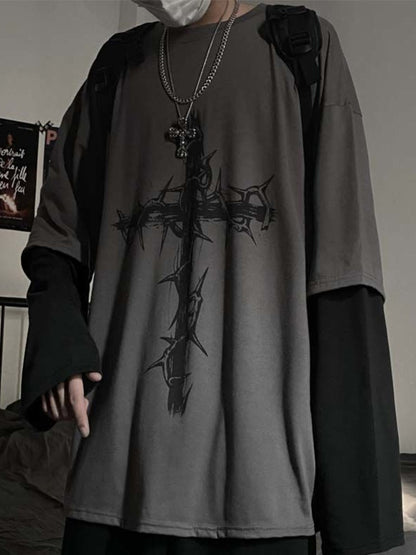 Thorn Print Fake Two Piece Oversized Long Sleeve Tee