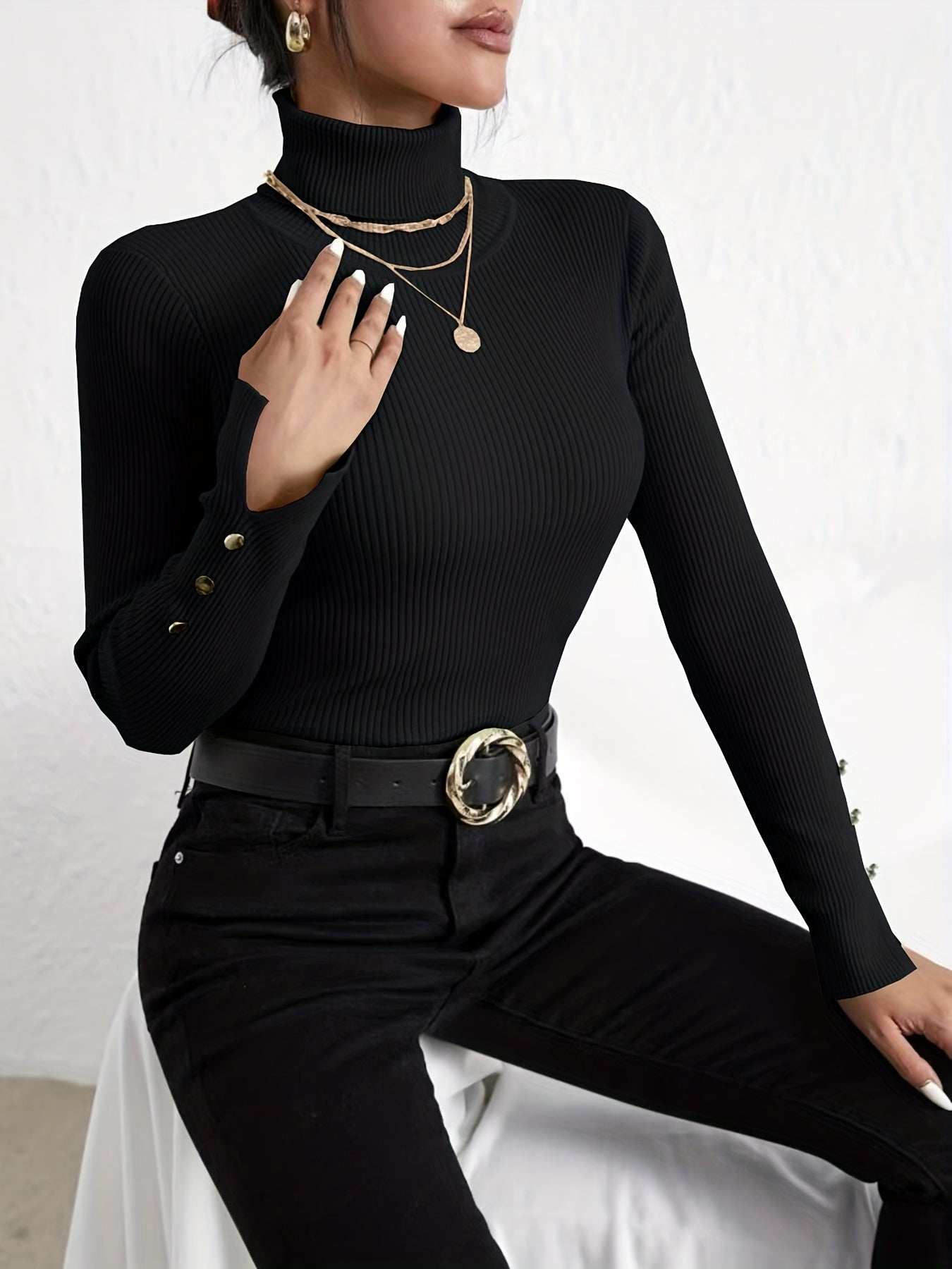 Suéter moderno de cuello alto ajustado en color liso con botones para mujer | Ideal para otoño/invierno