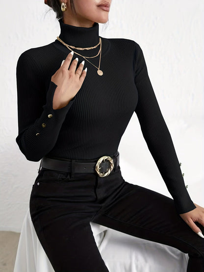 Suéter moderno de cuello alto ajustado en color liso con botones para mujer | Ideal para otoño/invierno