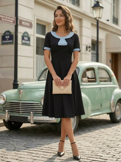 Contrast Peter Pan Collar A-line Summer Swing Midi Dress For Women 2026