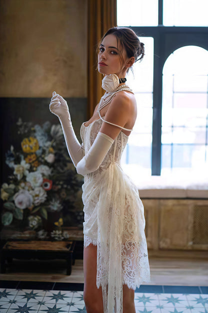 Lace Boned Bandeau High Slit Asymmetrical Reception Dress