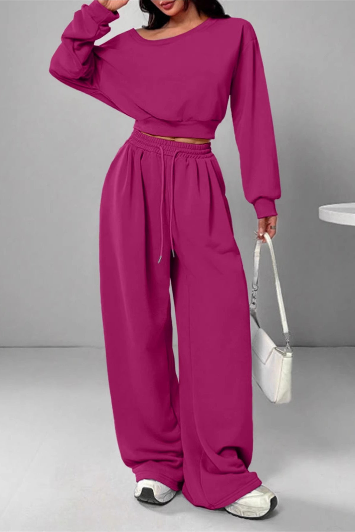 Casual Ribbed Off Shoulder Crop Sweatshirt Pants Set