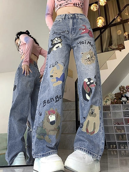 Animal Graffiti Print High Rise Boyrfriend Jeans