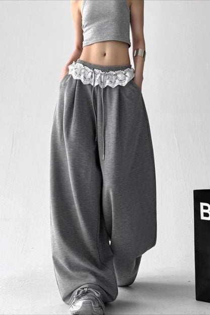 Lace Insert Ruffle Wide Leg Pants