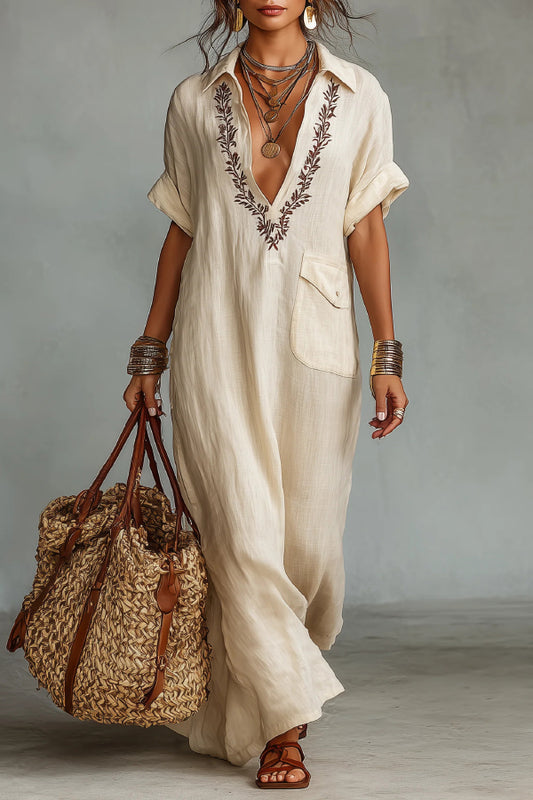 Linen Blend Embroidered V-neck Pocket Casual Loose Maxi Dress