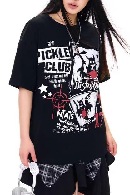Edgy Gothic Print Loose Fit Student T-shirt