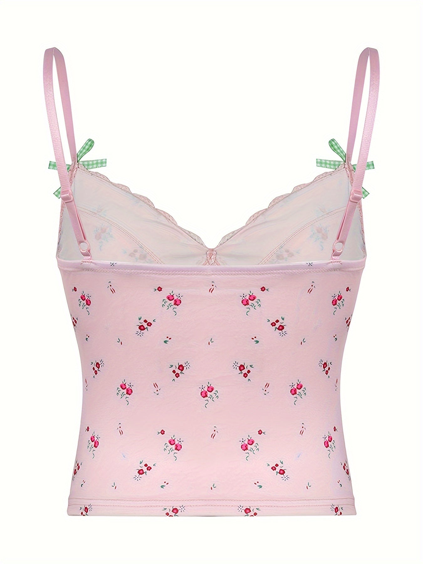 Chic Y2K Floral & Plaid Lace-Trim Cami Top - French-Inspired, Stretchy Linen Blend, Machine Washable - Perfect for All Seasons
