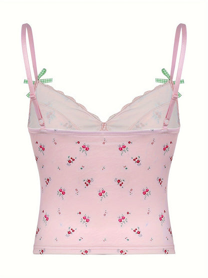 Chic Y2K Floral & Plaid Lace-Trim Cami Top - French-Inspired, Stretchy Linen Blend, Machine Washable - Perfect for All Seasons