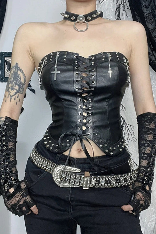 Y2K Cyber Punk PU Leather Bandage Corset
