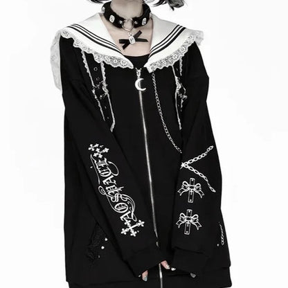 Printed Sailor Collar Oversized Jacket