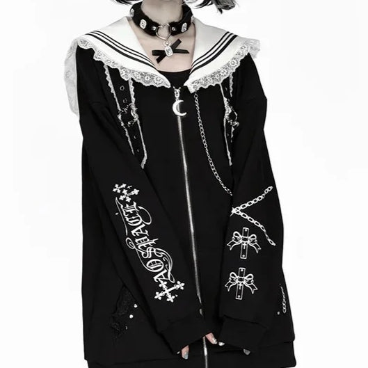 Printed Sailor Collar Oversized Jacket