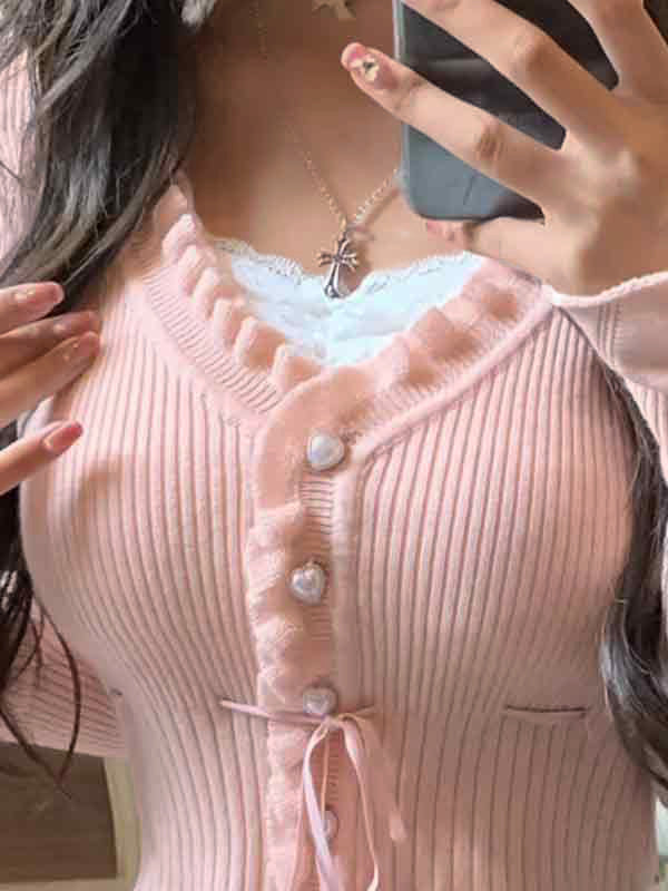 Ribbed Pearl Button Lace Up Long Sleeve Knit