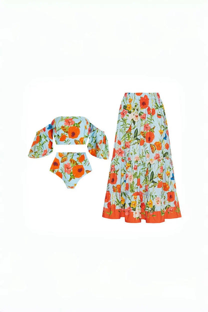 Conjunto de bikini de cintura alta con mangas abullonadas y estampado floral