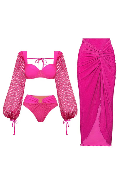 Conjunto de traje de baño sin espalda rosa fluorescente