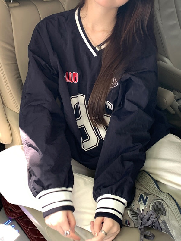 Number Print V Neck Thin Sweatshirt