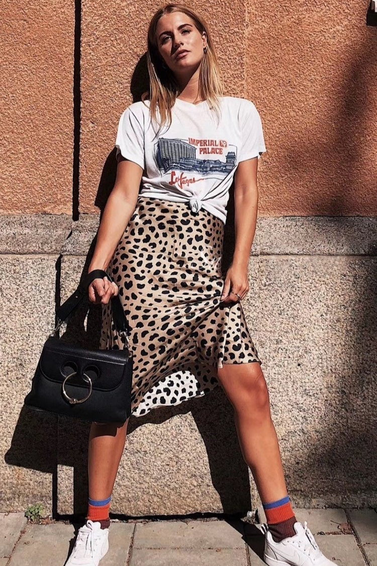 Chiffon Satin Leopard Midi Skirt