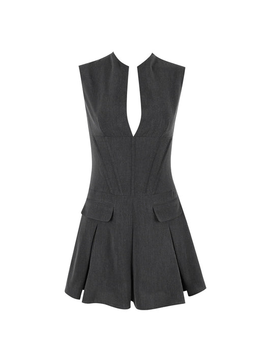Plunge Neck Pleated Mini Dress