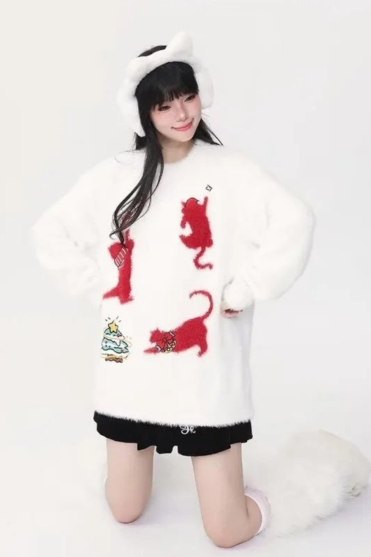Adorable Cat Print Christmas Round Neck Women's Knit Sweater