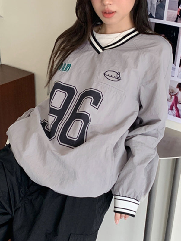 Number Print V Neck Thin Sweatshirt