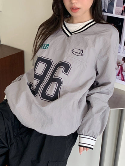 Number Print V Neck Thin Sweatshirt