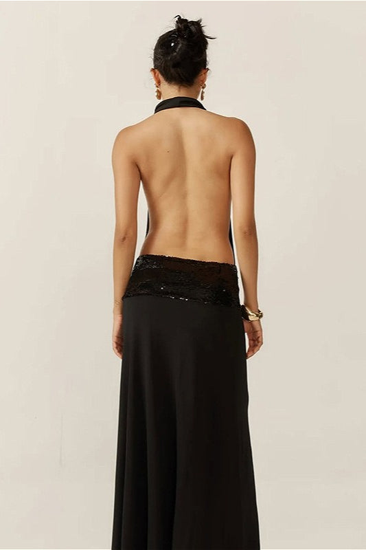 High Waist Dark Halter Backless Maxi Dress