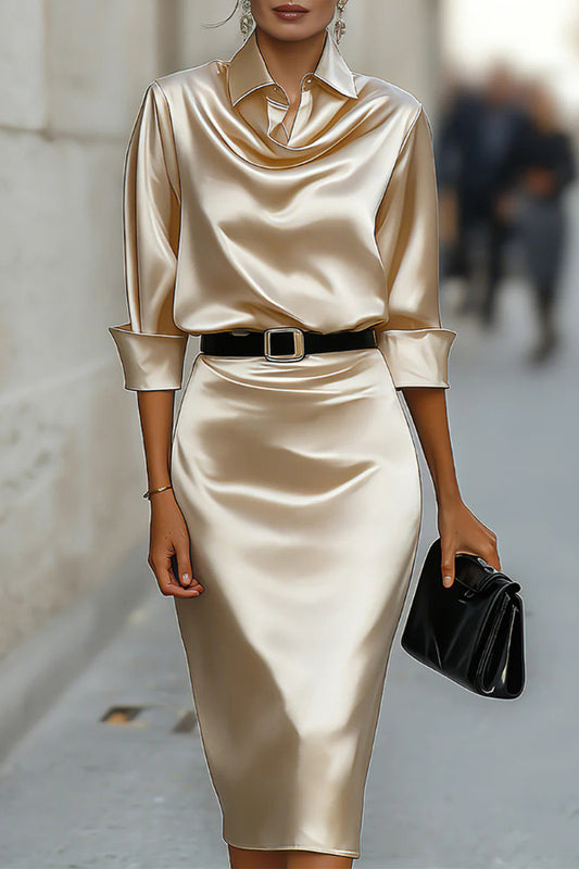 Solid Color Satin Lapel Long Sleeve Elegant Slim-fit Midi Dress