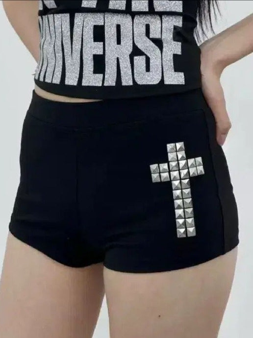Sexy Rhinestone Print Gothic Elastic Shorts