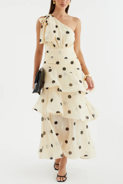Fashionable Polka Dot Print One-shoulder Sleeveless Layered Mesh Maxi Dress