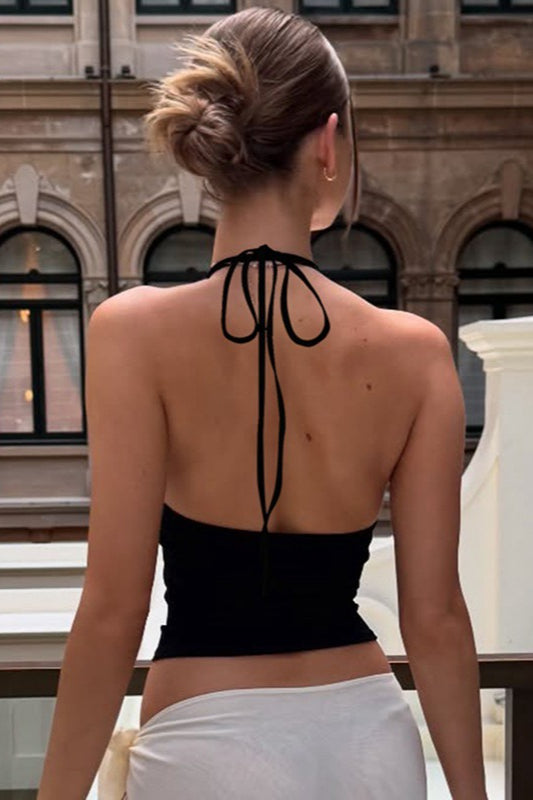 Sexy Low Cut U Neck Solid Halter Tie Cami Top