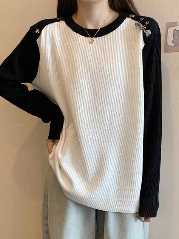 Contrast Color Splice Metal Decor Long Sleeve Knit