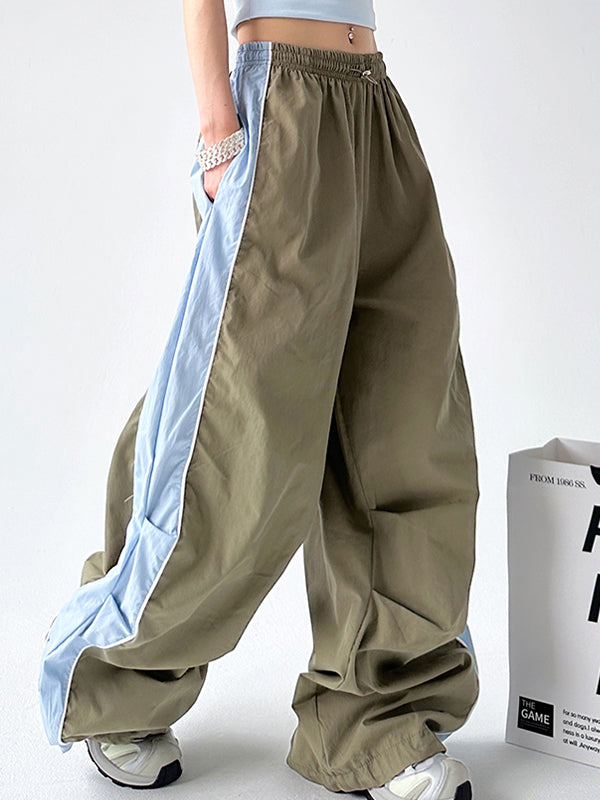 Contrast Color Panel Pleated Wide Leg Pants