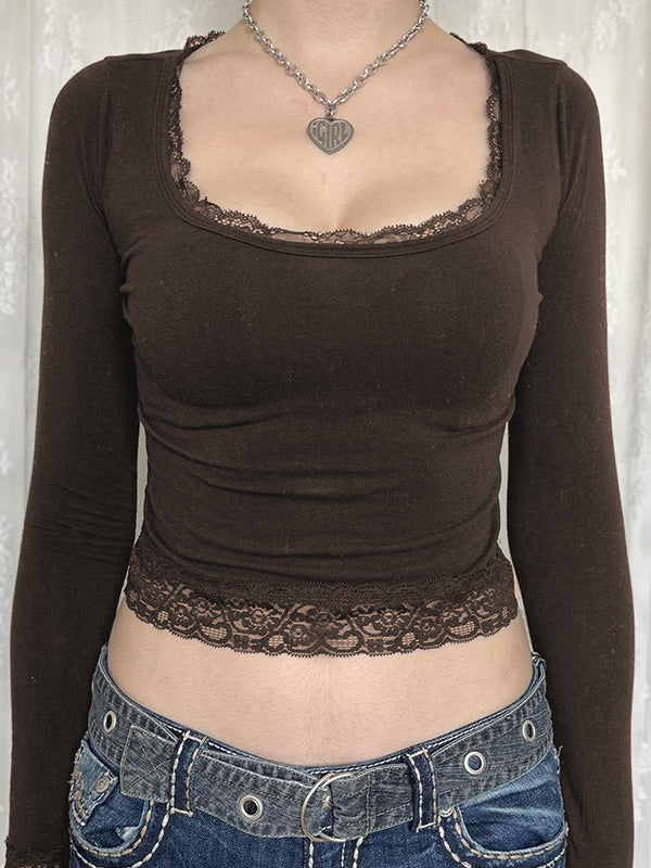 Lace Trim Splice Square Neck Crop Long Sleeve Tee