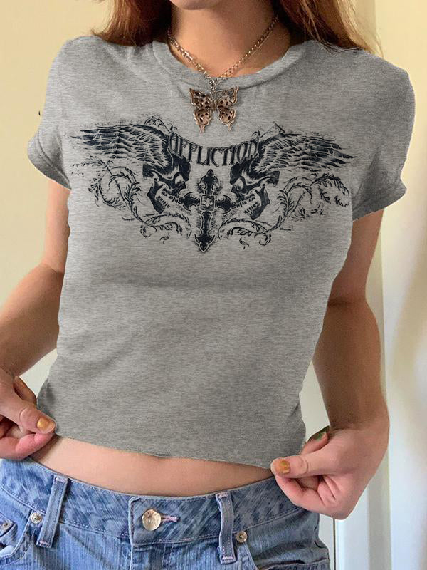 Dark Style Print Crew Neck Cropped Short Sleeve Tee
