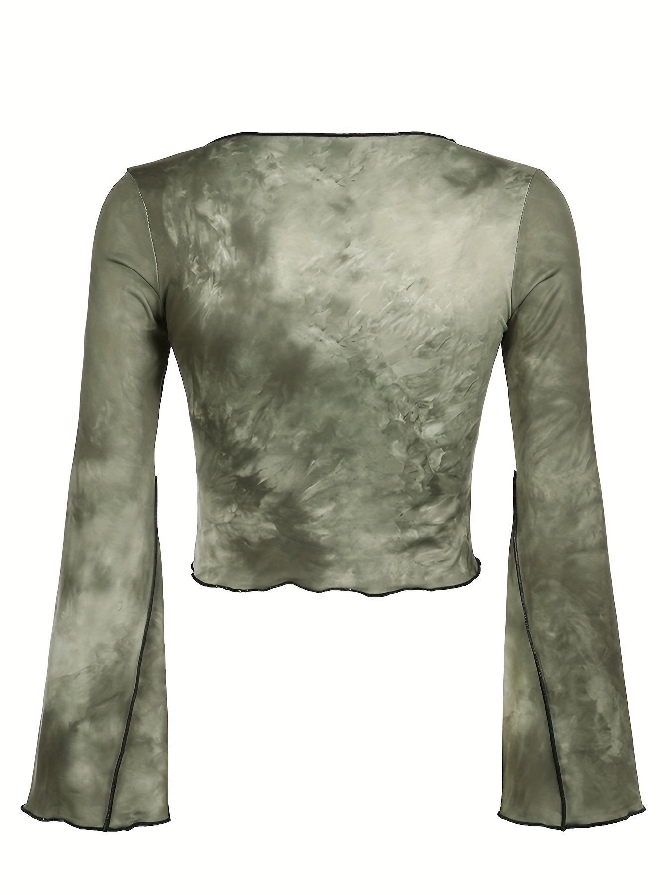 Tie Dye Flare Sleeve T-shirt, Y2K Notched Neck Lettuce Trim Long Sleeve Top For & Fall, Clothing