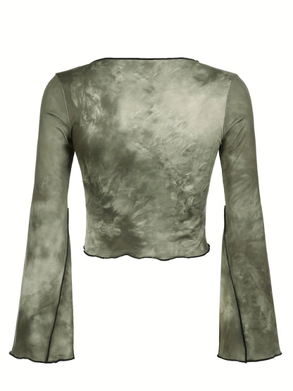 Tie Dye Flare Sleeve T-shirt, Y2K Notched Neck Lettuce Trim Long Sleeve Top For & Fall, Clothing