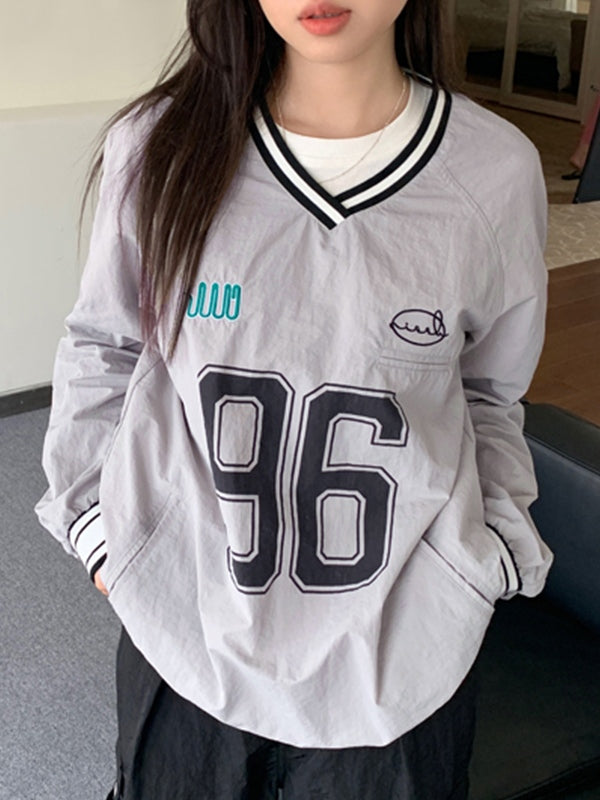 Number Print V Neck Thin Sweatshirt