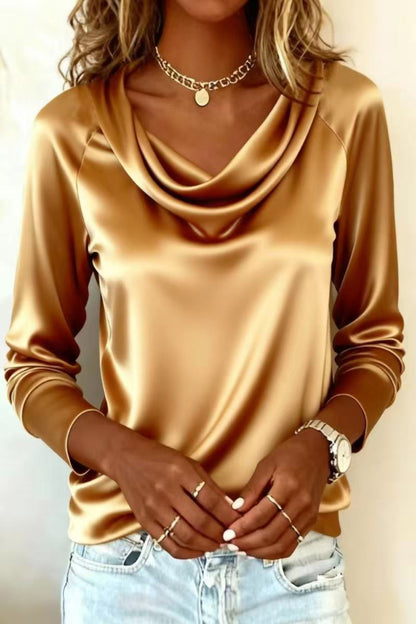 Solid Color Satin Casual Long-sleeved Draped Shirt