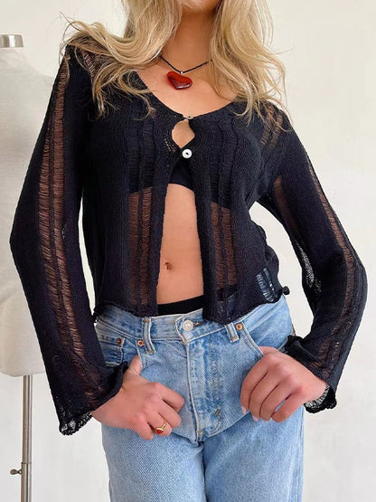 Cutout Slit Trumpet Sleeve Long Sleeve Knit