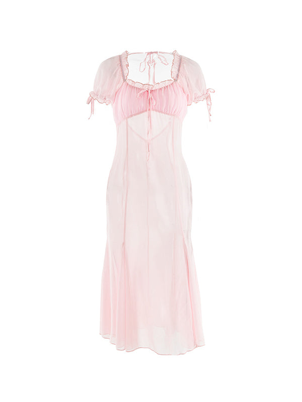 French Chiffon Splice Lace Up Backless? Midi Dress