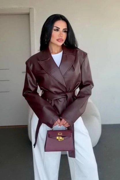 Sexy Fitted Leather V-Neck Tie-Waist Jacket