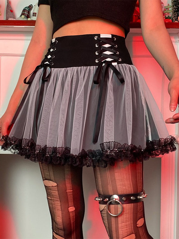 Lace-up Mesh Gothic A-Line Mini Skirt