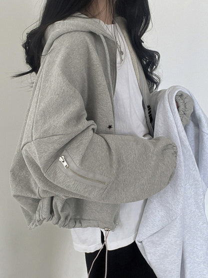 Star Letter Print Zipper Drawstring Hem Oversized Hoodie
