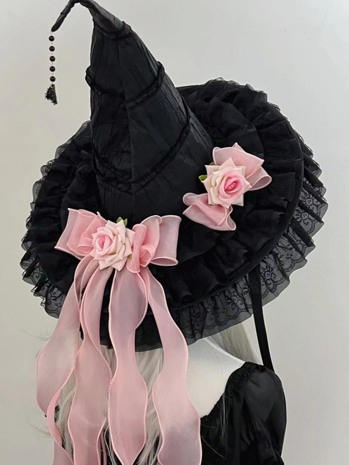 Black Witch Hat Gothic Rose Bow Lace Trim Hat