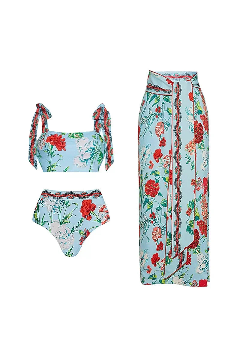 Conjunto de bikini estilo francés con lazo y ribete de encaje